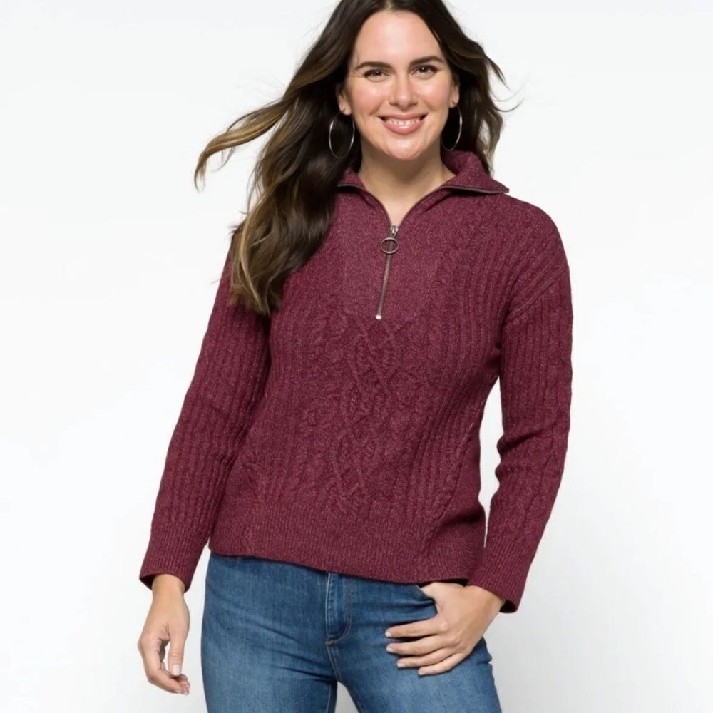 Design History Karsie Half Zip Sweater Burgundy Cable Knit XS New With Tags‎
